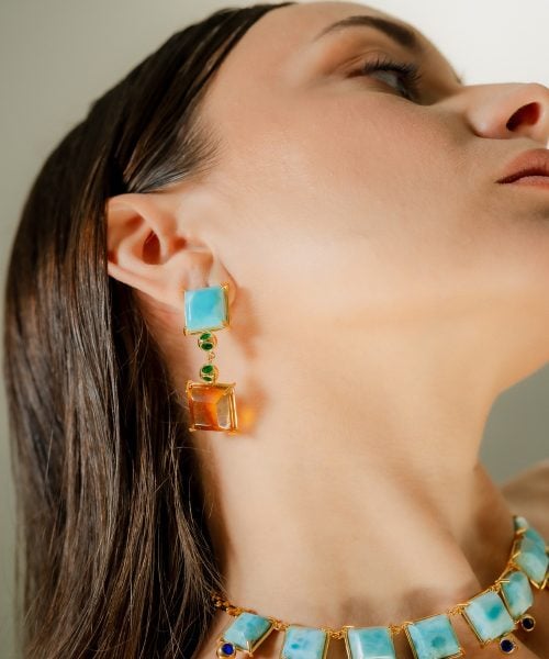 MVDUE-A3-G Duet Larimar & Amber Dangle Earrings